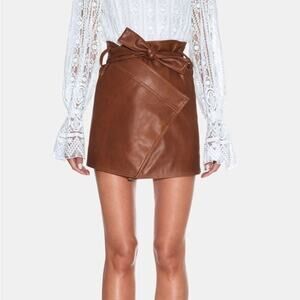 Divine Heritage Vegan Leather Mini Wrap Skirt Saddle Brown